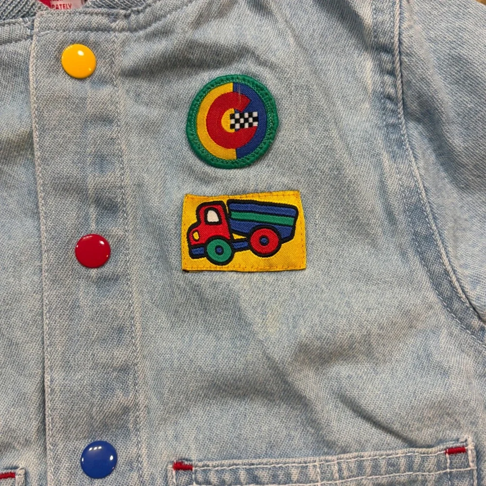 Vintage Gymboree Denim Jacket Infant NB Light Wash Hooded Truck Patch Blue Red v